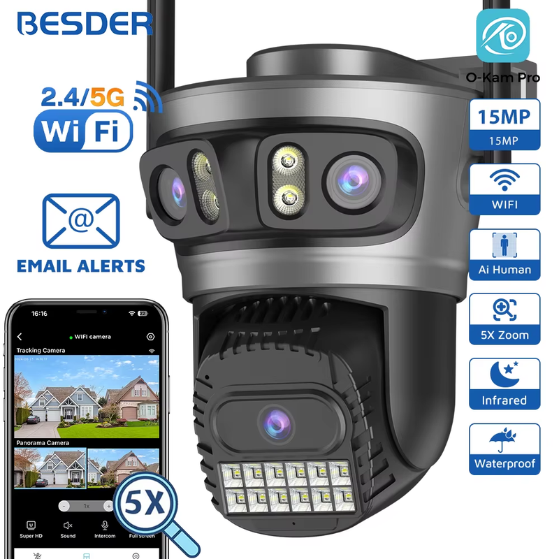 15MP PTZ Wifi IP Camera Outdoor Three Screens 180° Wide Angle Human Detection 12