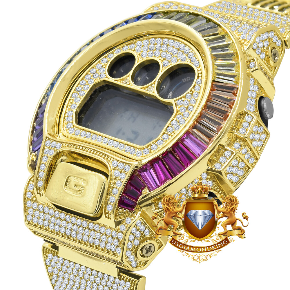 Pre-owned Usdiamondking Baguette Rainbow Multi Gold Finish Casio Shock Authentic Dw-6900 Custom Watch