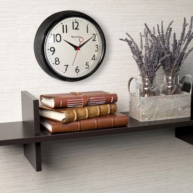 Retro Kitchen Wall Clock 12 Inch Black Quartz Analog Chrome Bezel Arabic Numbers