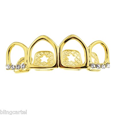 Four Open Face Iced Top Grillz 14k Gold Plated 4 Tooth Simulated CZ Teeth Grills