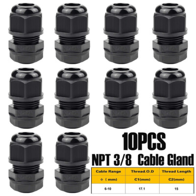 10PC NPT3/8 Nylon Black Cable Gland 6mm-10mm IP68 Waterproof w Gasket & Lock-Nut
