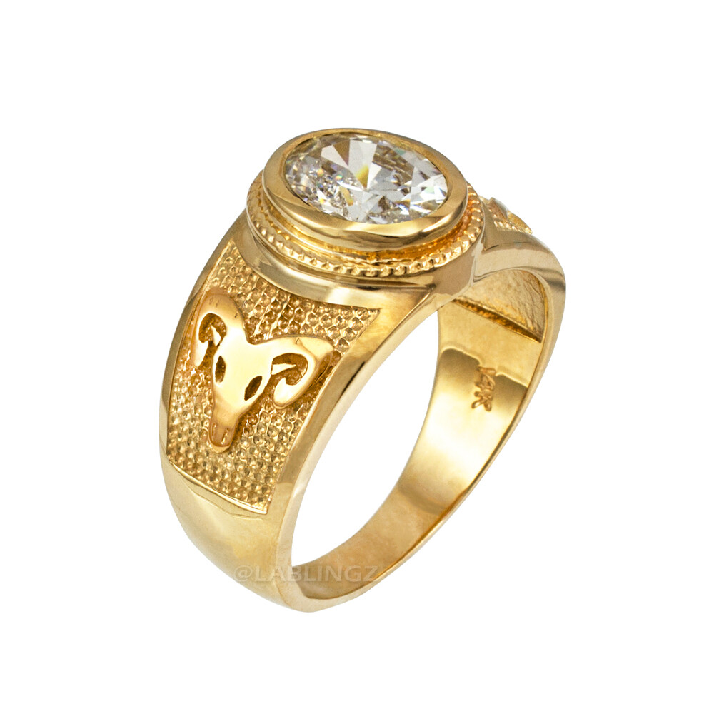 Pre-owned La Blingz 10k Gold Aries Zodiac Sign April Birthstone Clear Cz Ring In Yellow Gold