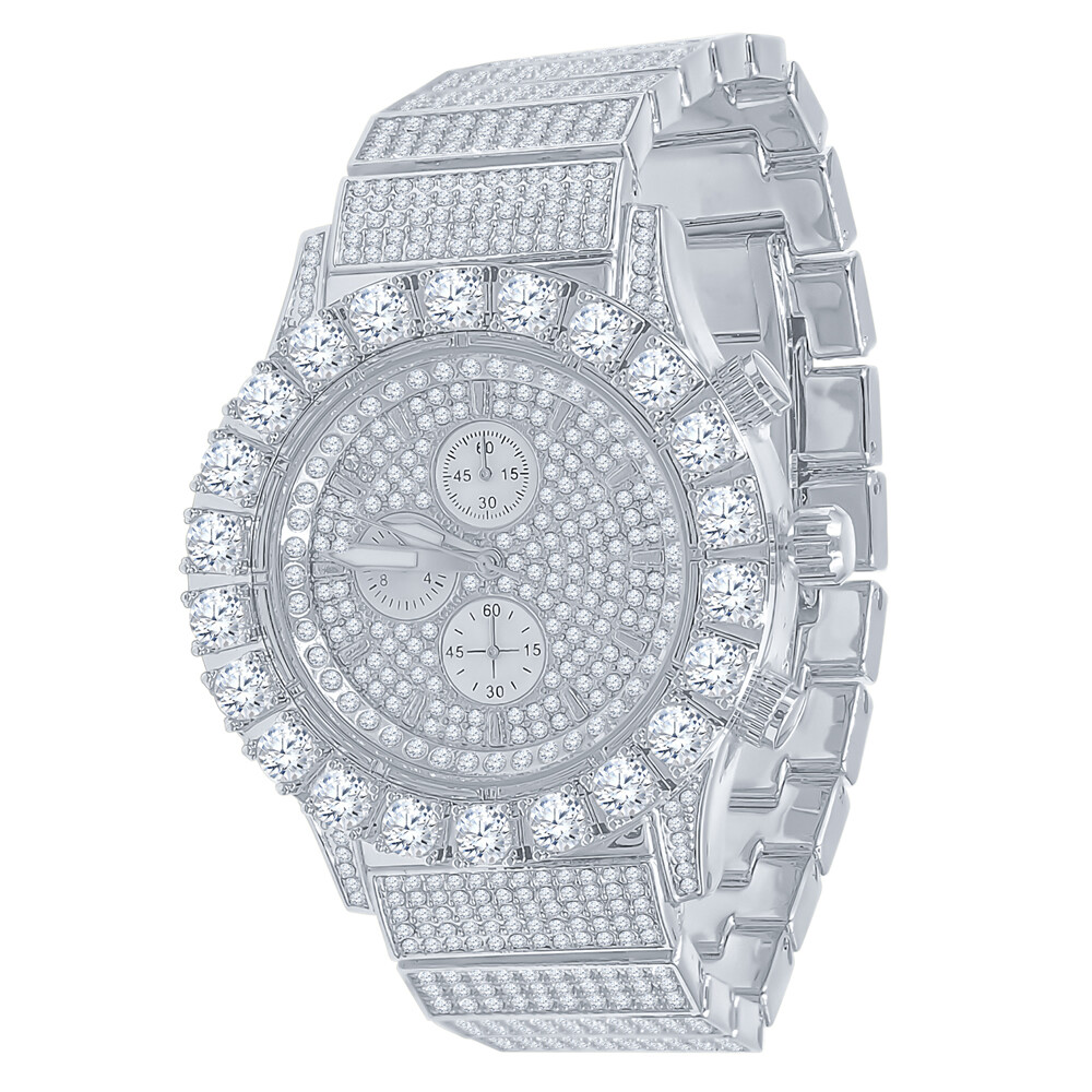 Pre-owned Blingmaster Solid Stainless Steel White Gold Tone Finish Simulated Diamond 48mm Men's Watch