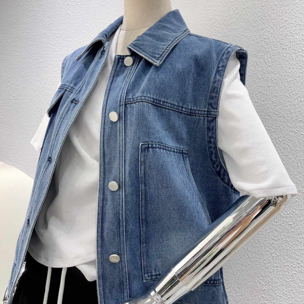 Gilet In Denim Da Donna Giacca Canotta Top Retro Patchwork Casual Blu