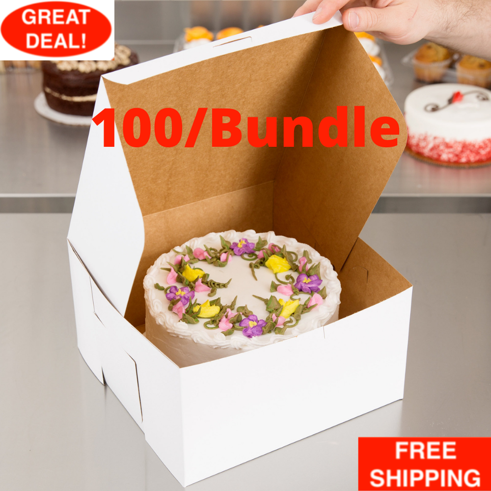 100 Pack 10" x 10" x 5" White Square Paperboard Cake Bakery Box Restaurant Home