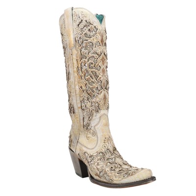 Pre-owned Corral Boots Distressed Glitter Tooledinlay Snip Toe Cowboy Womens Beige Casual