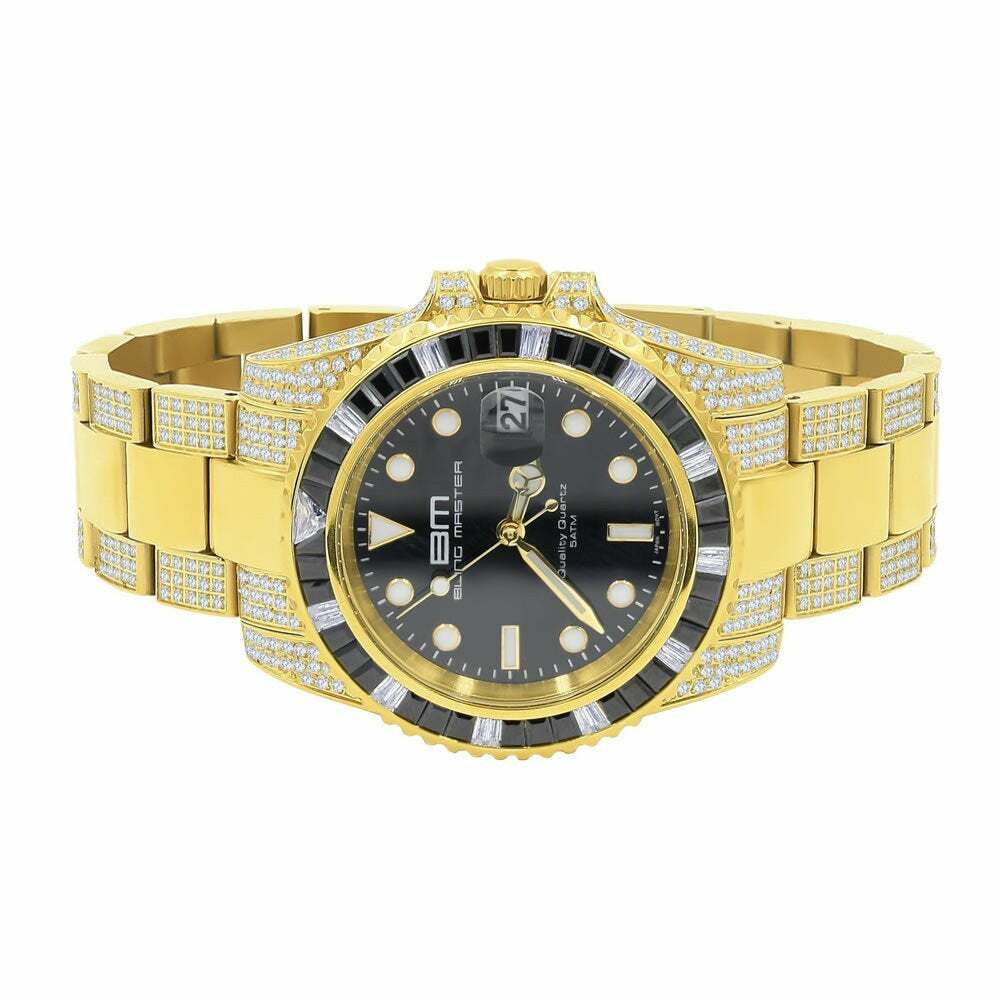 Pre-owned Bling Master Solid Stainless Steel 18k Yellow Gold Simulated Diamond Mens Presidential Watch