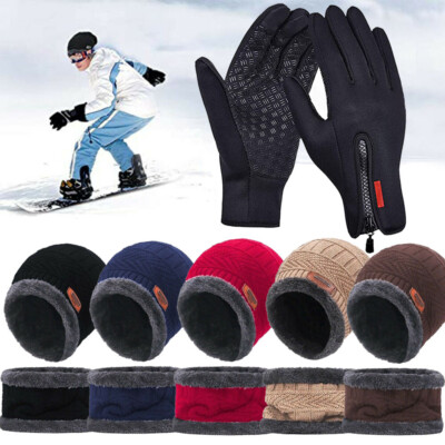 3Pcs Hat Scarf Set Winter Knit Beanie Cap Touch Screen Gloves Keep Warm Unisex