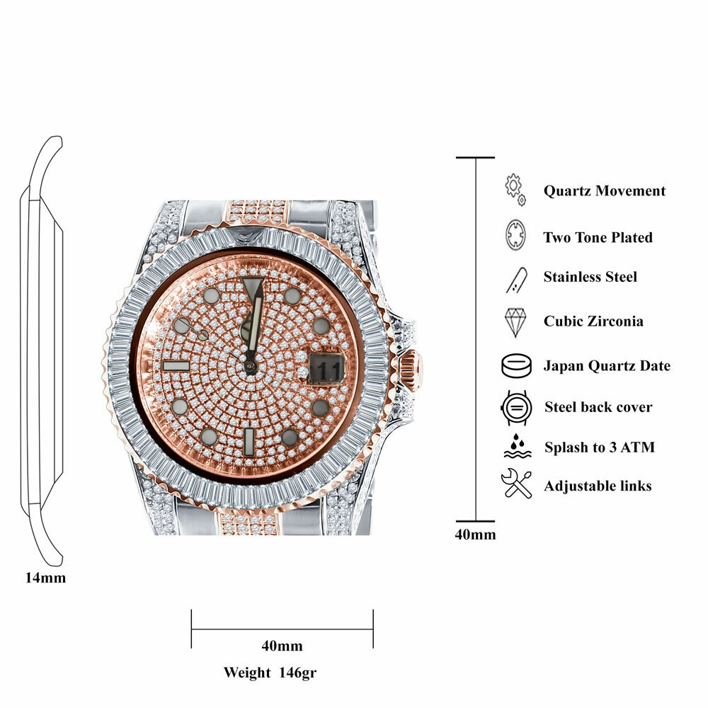 Pre-owned Bling Master 18k Solid Steel 2 Tone Rose Gold Baguette Simulated Diamond W/date 40mm Watch