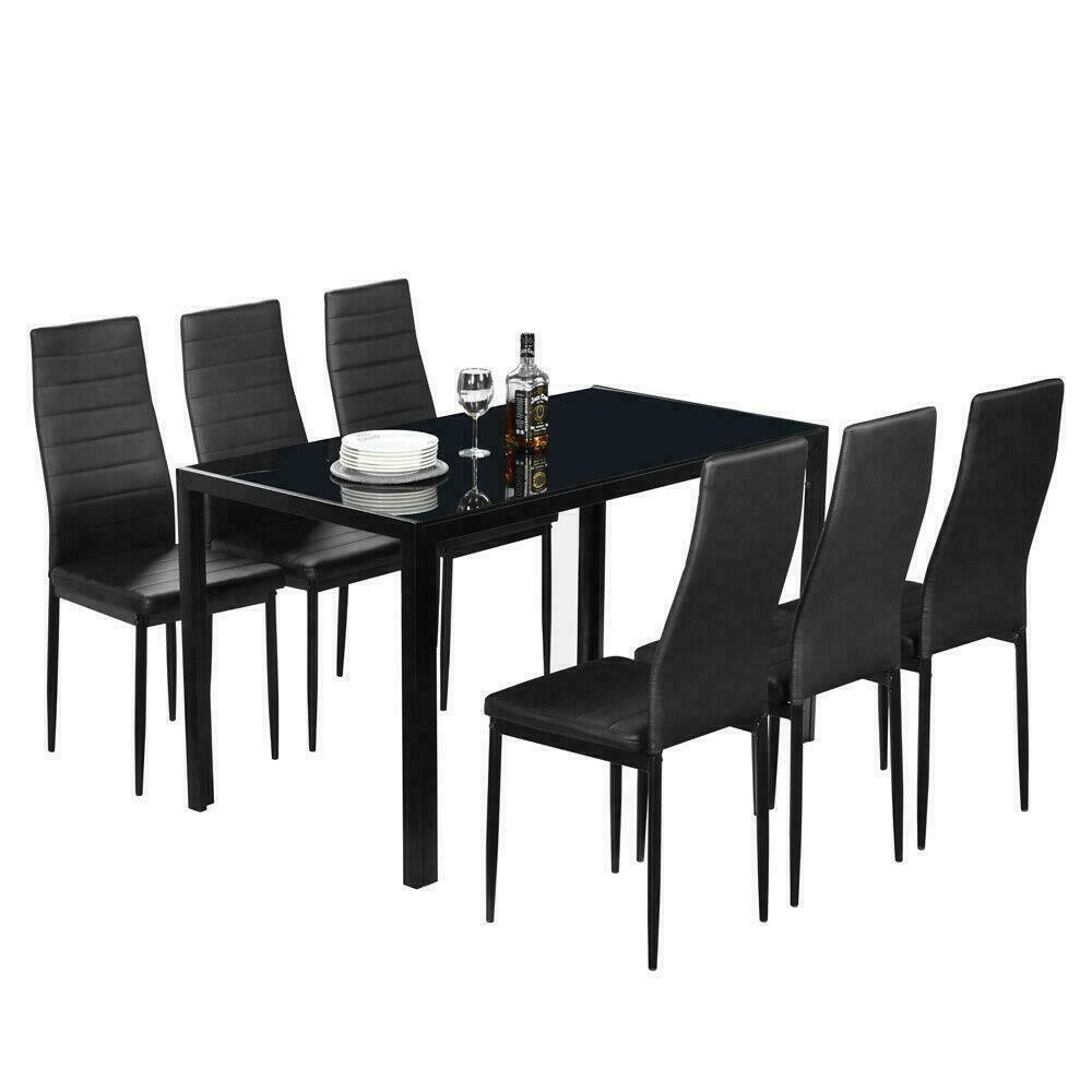 7 Piece Black 6Person Tempered Glass Dining Table Set Affordable Modern Design Furniture