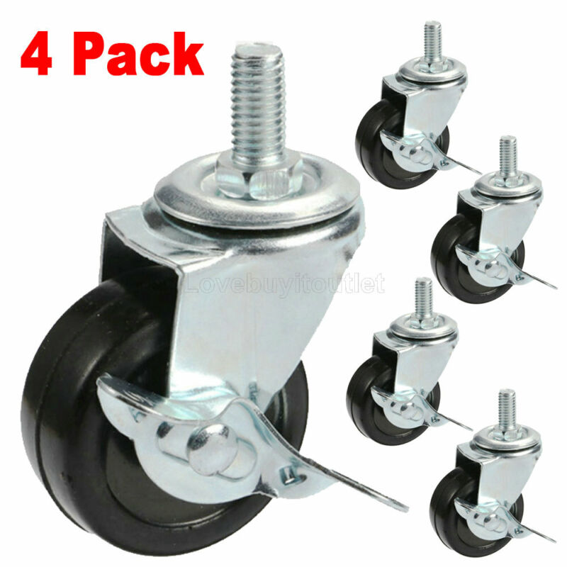 4x 3" Inch Heavy Duty Rubber Casters Safety Brake Wheels For Wire Shelving Rack