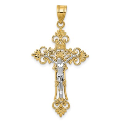 Pre-owned Superdealsforeverything Real 14kt Two-tone Large Lacy-edge Inri Crucifix Pendant