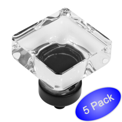 *5 Pack* Cosmas Cabinet Hardware Flat Black Square Knob w Clear Glass #6377FB-C