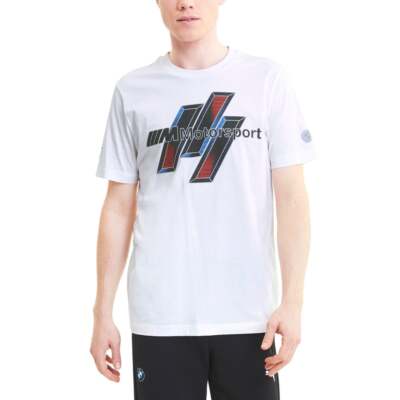 

Puma Bmw Motorsport Life Graphic Футболка с круглым вырезом Мужские белые повседневные топы 597987, Белый, Puma Bmw Motorsport Life Graphic Crew Neck T-Shirt