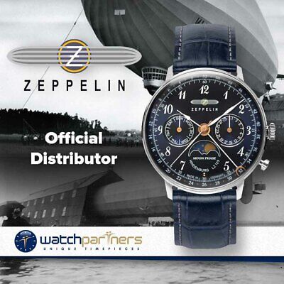 Pre-owned Zeppelin Lz129 Hindenburg Quartz Day/date Ladies Watch Moon Blue Dial 7037-3