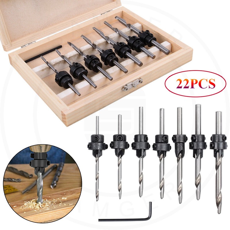 22Pack Tapered Drill Countersink Bit Screw Set Wood Pilot Hole Woodworking Tools