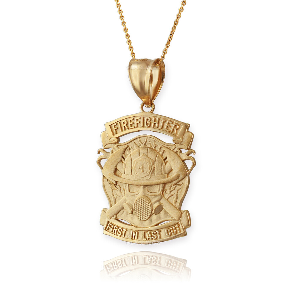 Pre-owned La Blingz Satin Gold Firefighter Fire Rescue Pendant Necklace In Yellow Gold