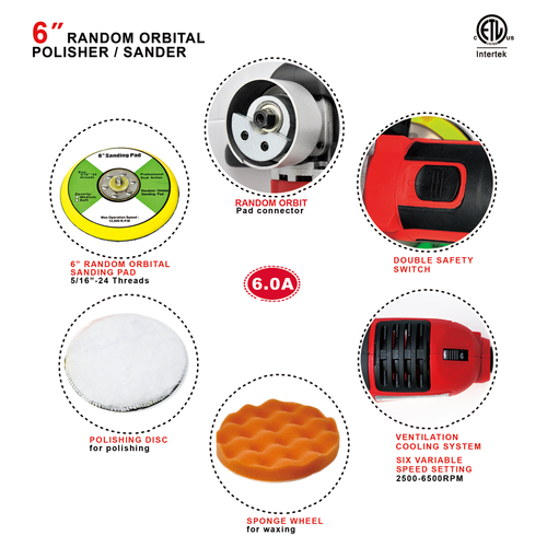 6 Variable Speed Dual- Action Random Orbital Polisher Sander 6500 RPM 6