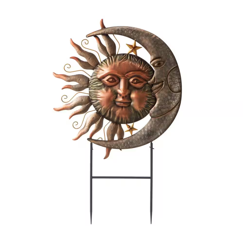 Metal Sun Moon Garden Stake Wall Decor Outdoor Indoor Rustic Bronze Copper