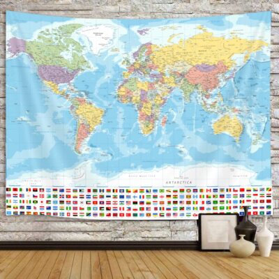 World Map Tapestry Wall Hanging, Map of The World with National Educational W...