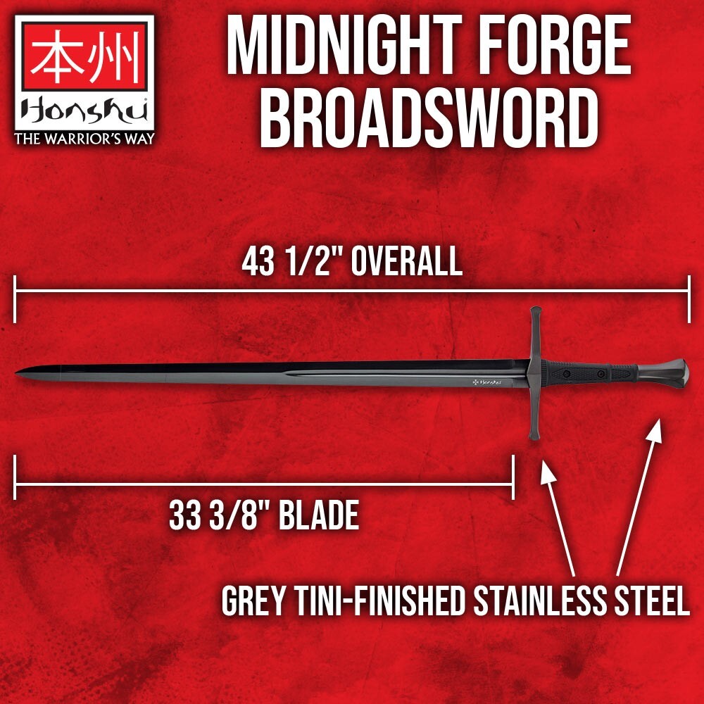 HONSHU Midnight Forge Broadsword & Scabbard, 43 1/2" Length, Leather Belt Hanger