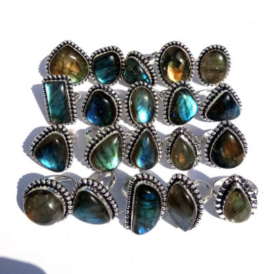 NATURAL !! Wholesale Lot 50 Pcs. LABRADORITE Gemstone 925 Silver Plated Rings