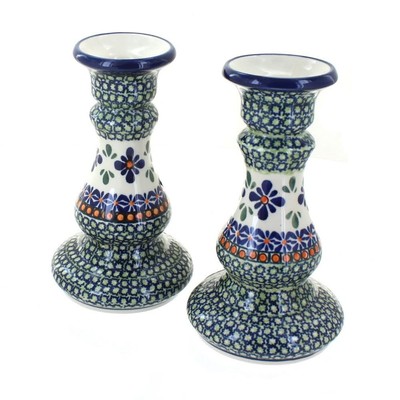 Blue Rose Polish Pottery Mosaic Flower Candlestick Pair