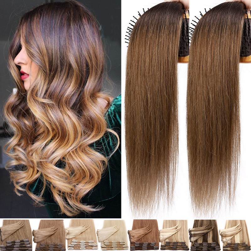 Thick Double Weft Clip In On Remy Human Hair Extensions Full Head Highlight 200G