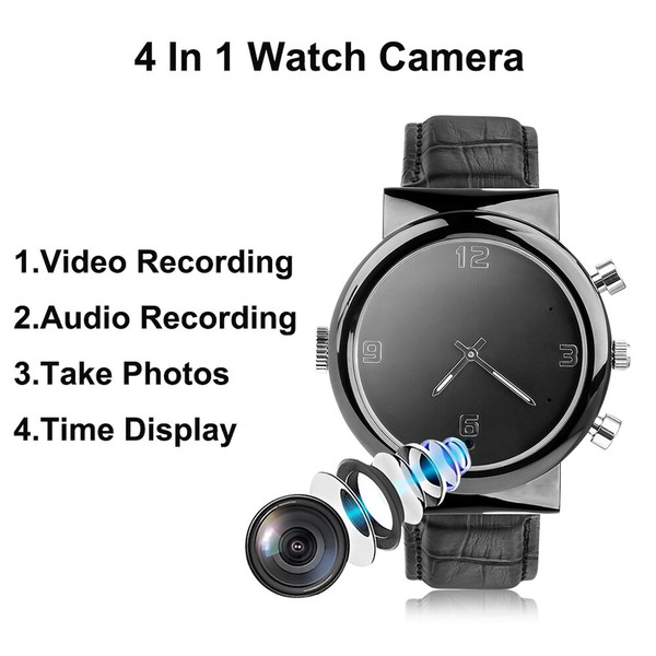Multifunctional camera watch with video, audio, photo capabilities.