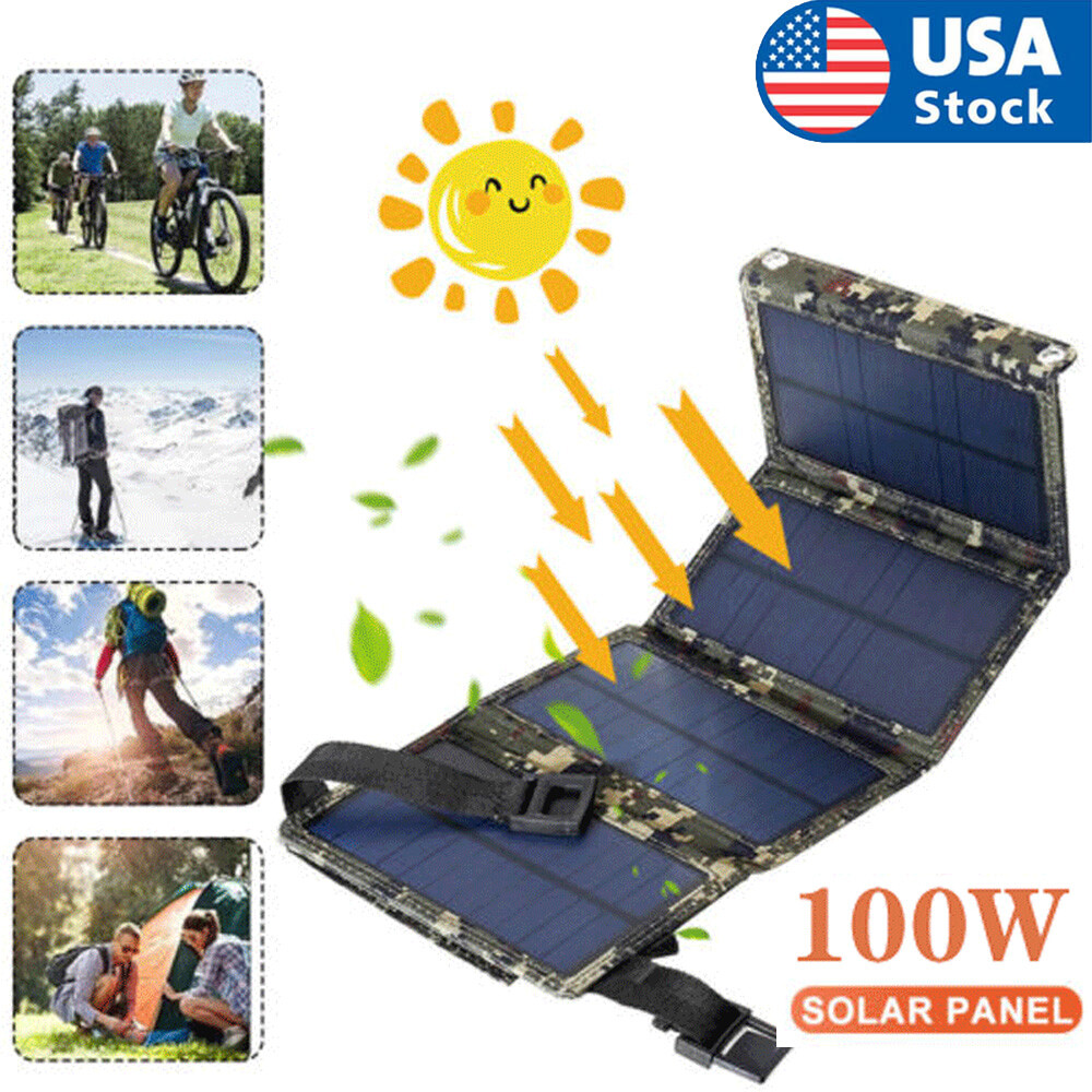 Portable 100W USB Solar Panel Folding Power Bank Outdoor Camping Phone Charger