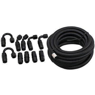 20FT AN6 -6AN Nylon Braided Oil Fuel Line + 10 Pcs Fitting Adaptor Kit Black