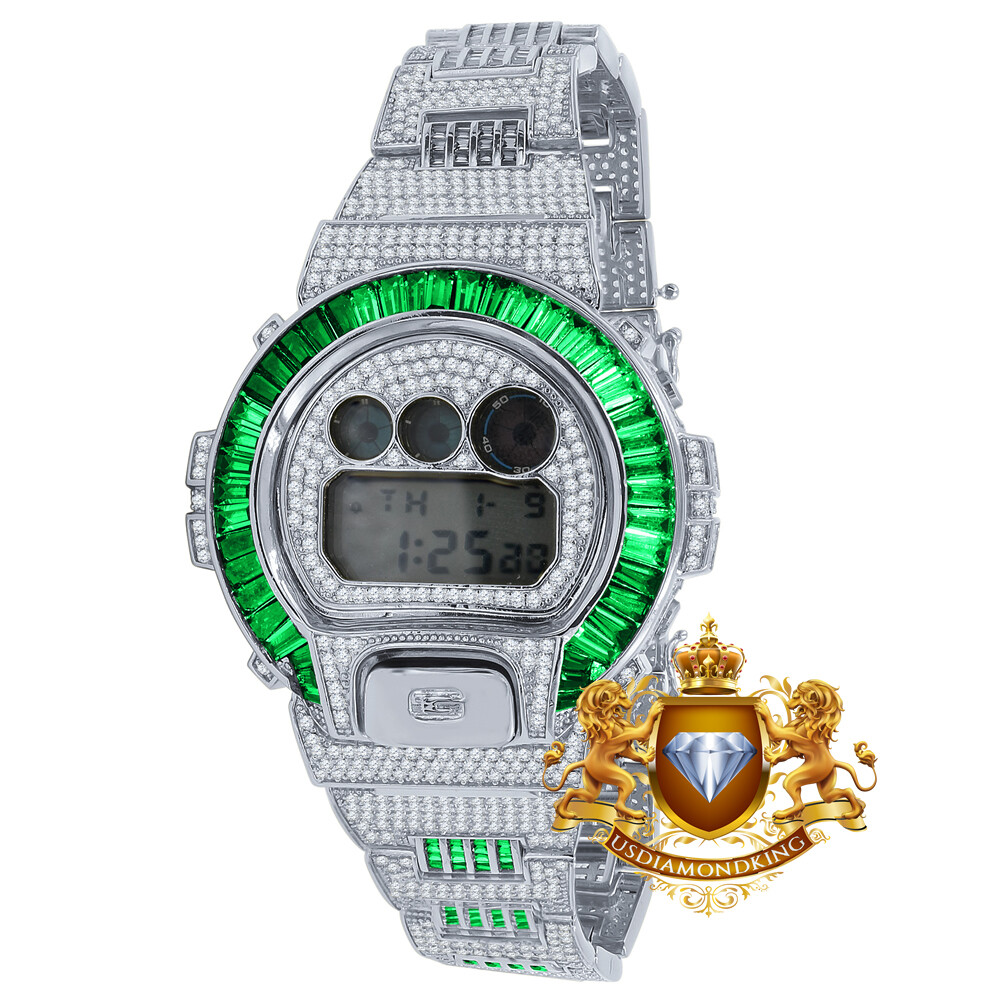 Pre-owned Usdiamondking Baguette Green Emerald White Gold Casio Shock Authentic Dw-6900 Custom Watch