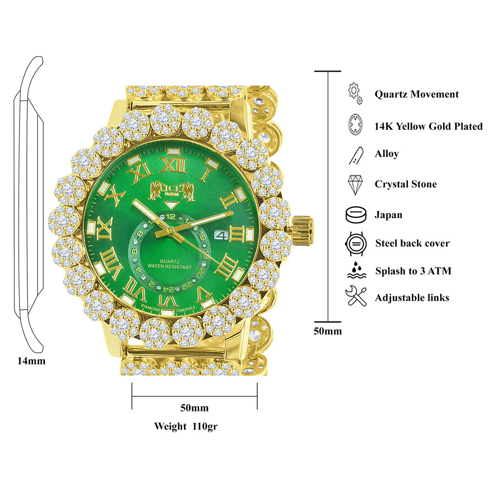 Pre-owned Icy Mens Emerald Green Real Diamond Roman Dial Flower Band Bezel Gold Tone Watch