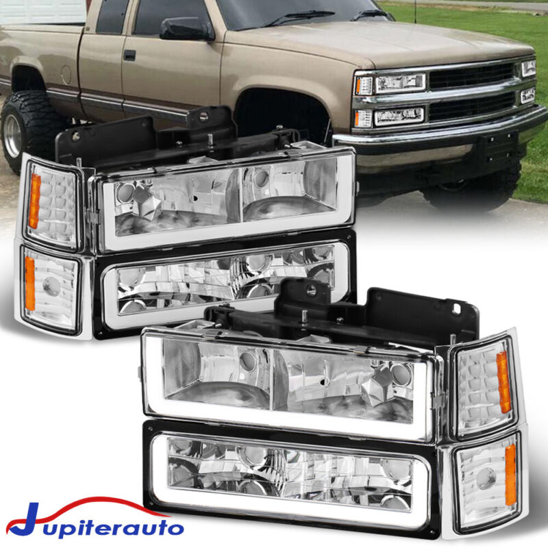For 94-98 Silverado C10 C/k 1500 2500 Chrome Headlights Led Strip+bumper Lamp