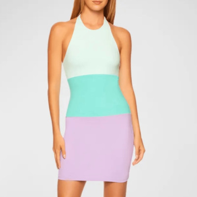 NEW Susana Monaco Colorblock Halter Bodycon Mini Dress Teal Pink Small