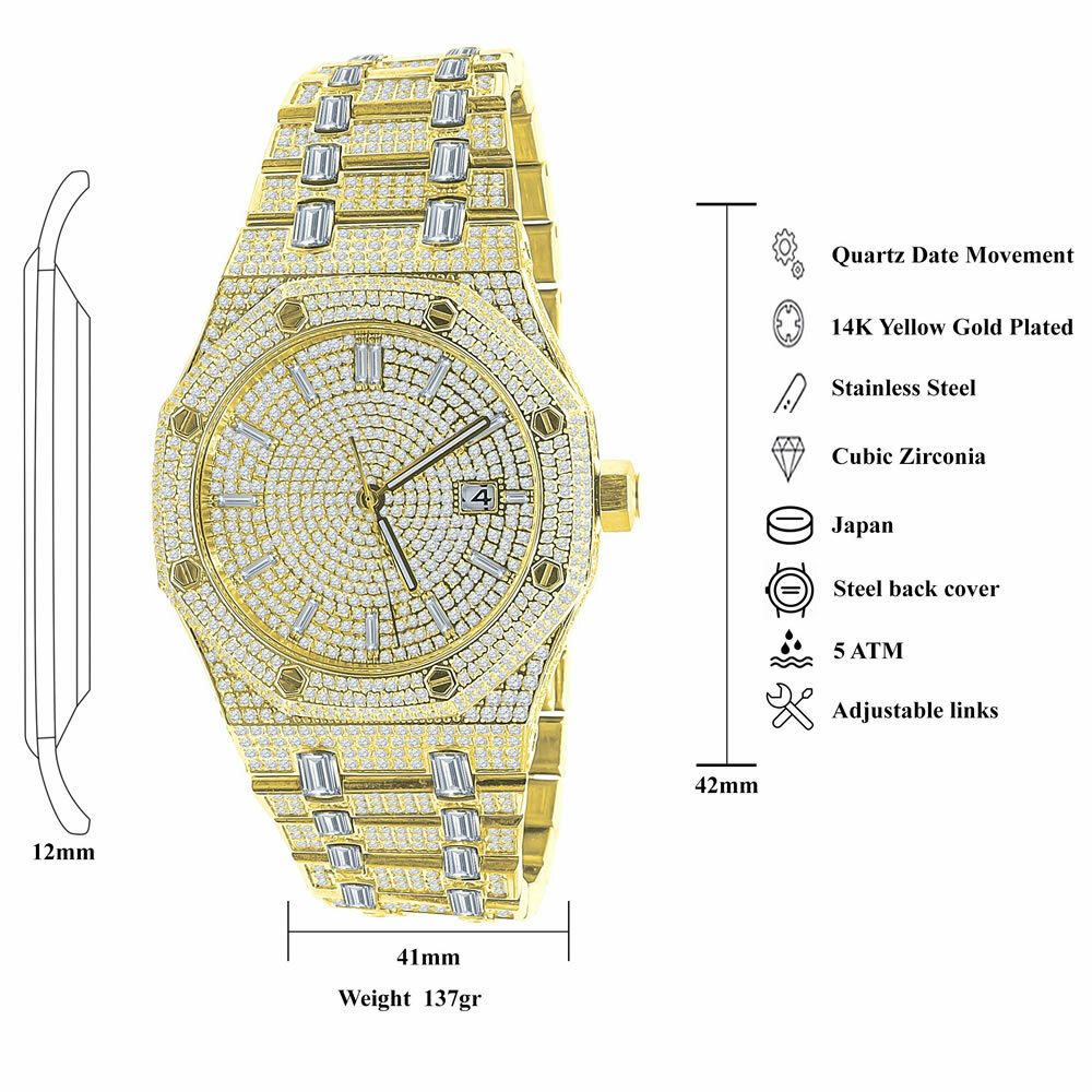 Pre-owned Bling Master Full Steel Baguette Men's Yellow Gold Tone Finish Simulated Diamonds 42 Mm Watch