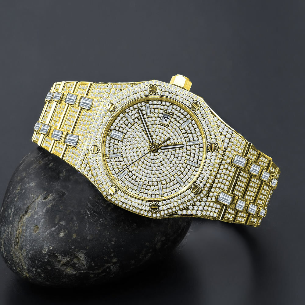 Pre-owned Bling Master Full Steel Baguette Men's Yellow Gold Tone Finish Simulated Diamonds 42 Mm Watch