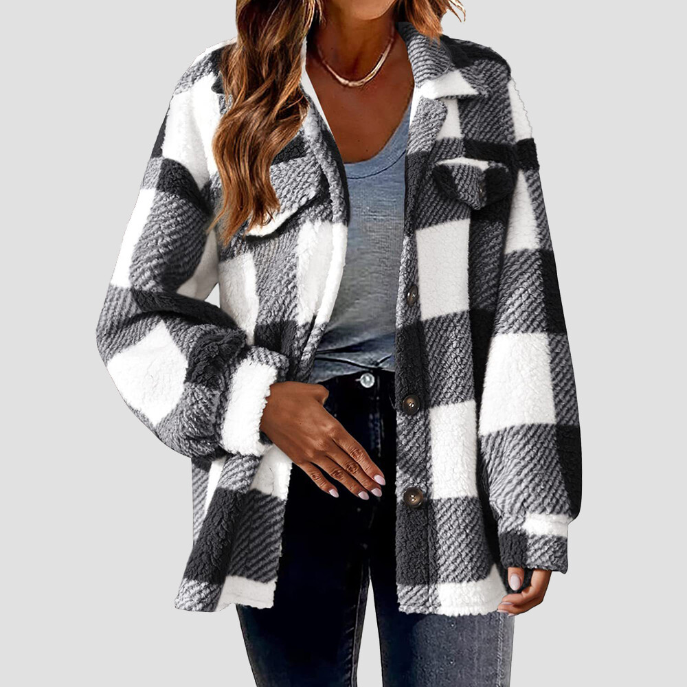 Womens Tartan Check Shacket Cardigan Ladies Winter Warm Fleece Plaid Jacket Coat