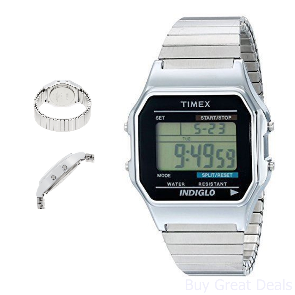 Timex Mens Wrist Watches Classic Digital Rectangular Silver Indiglo