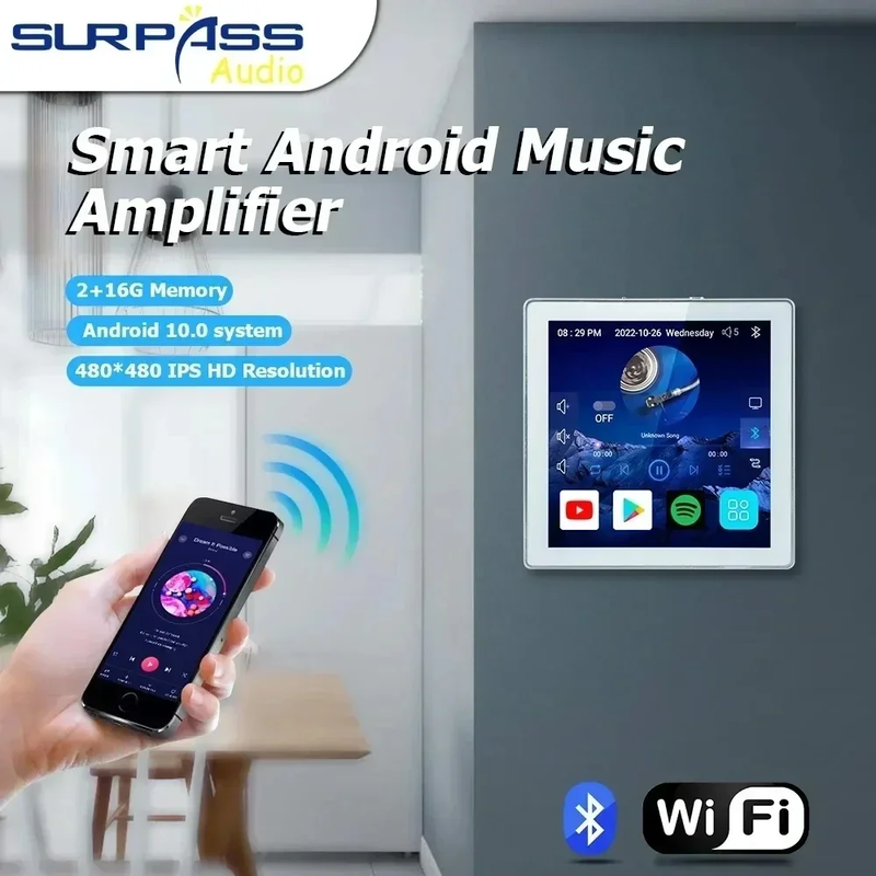 Home Theater Stereo Sound Wifi BT Wall Amplifier 4'' Touch Screen Android 10.0 S