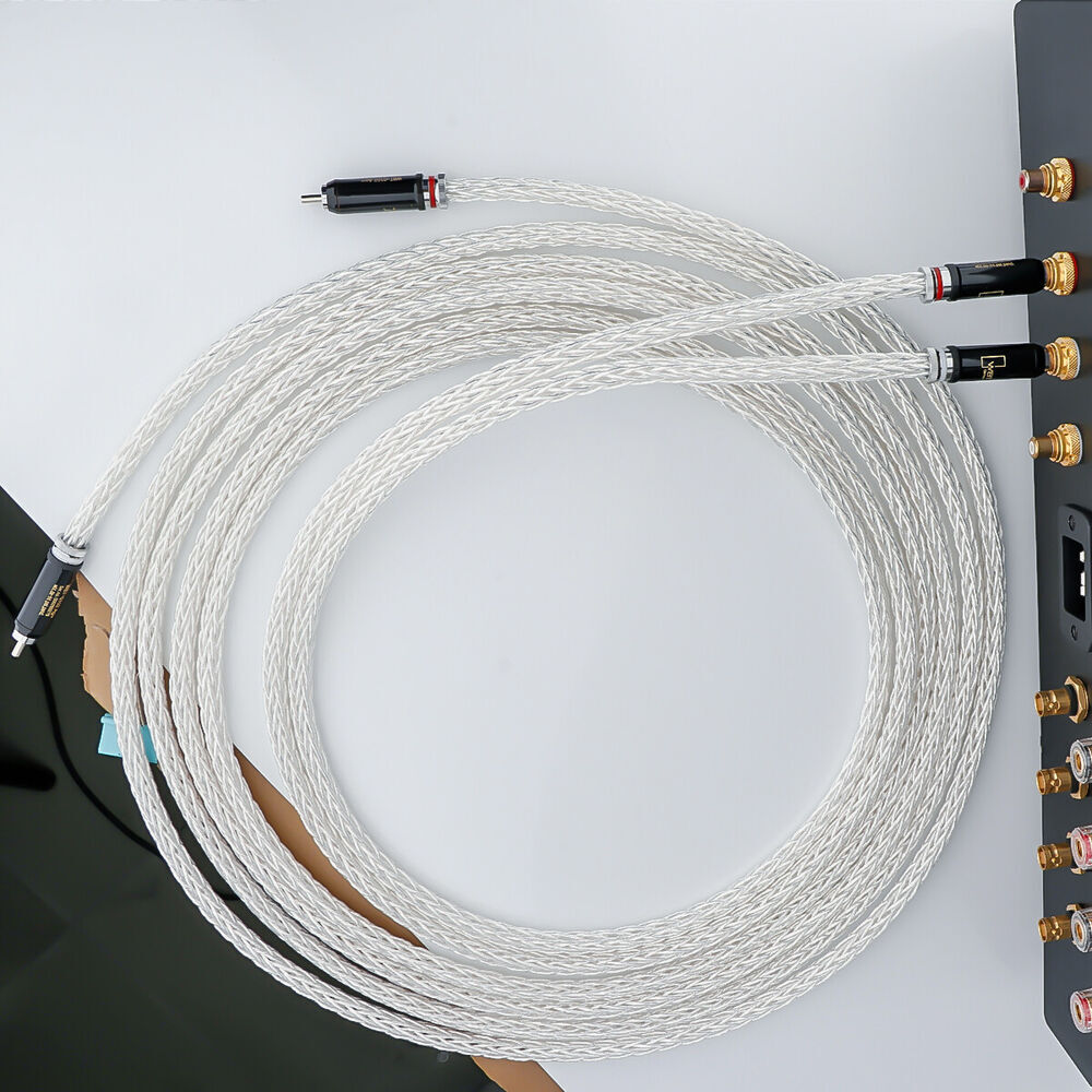 Pair 8AWG OCC Silver Plated RCA Male Plug Cable HiFi Audio Interconnect Cord