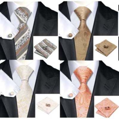 Mens Premium 100% Silk Wedding Tie Pocket Square Cufflink Gold Cream Ivory Sets