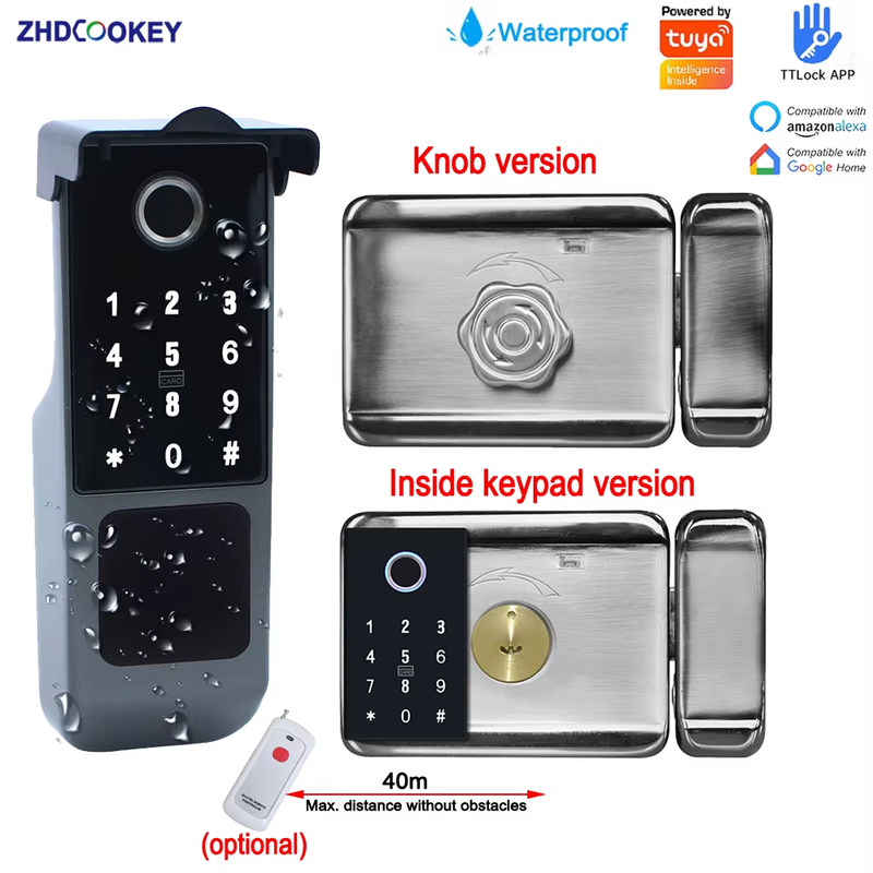 Waterproof Tuya Wifi Remote Smart Door Lock Fingerprint Keypad Knob Keyless Ent