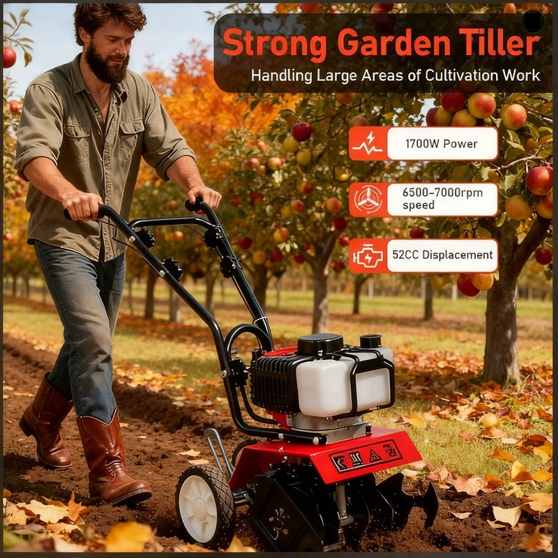 Heavy Duty 52CC Garden Tiller 1700W 6500-7000RPM Power Cultivator for Large Area