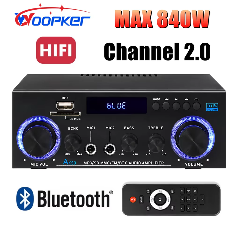 AK50 HiFi Digital Amplifier Channel 2.0 Bluetooth Surround Sound AMP Max Power 8