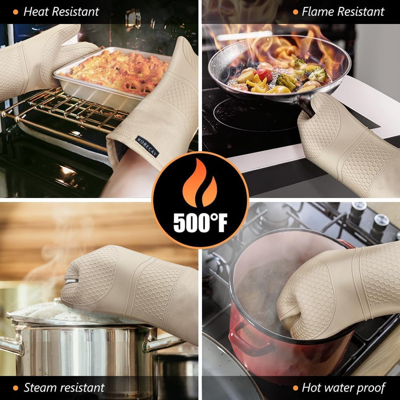 Oven Mitts and Pot Holders Sets 6pcs, Extra Long Kitchen Silicone Oven Gloves Hi