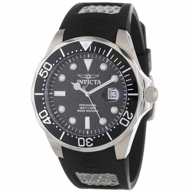 Invicta Men Watch Grand Diver Black Carbon Fiber Dial Rubber Strap Dive