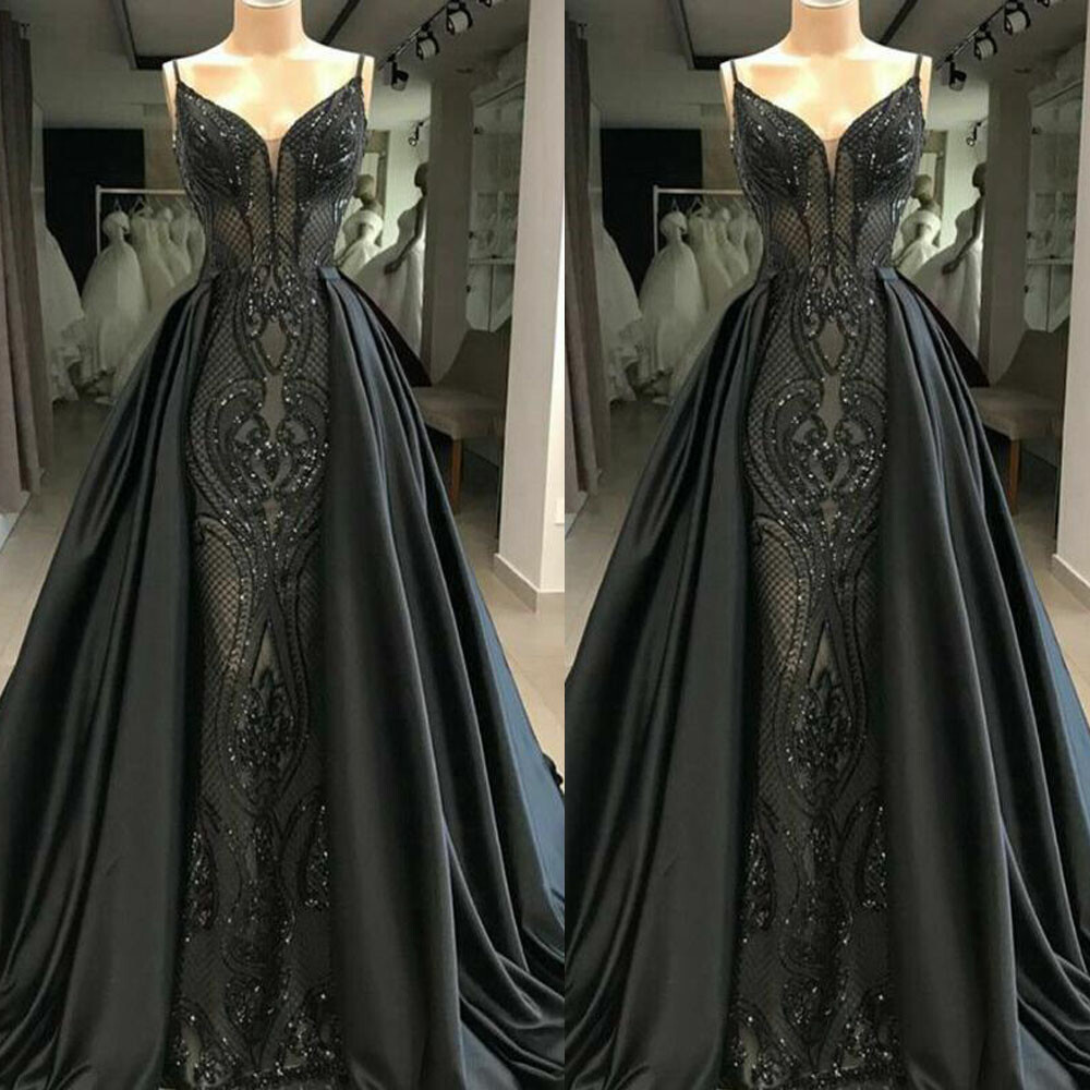 Mermaid Black Prom Dresses Gothic Sequined Formal Detachable Train Evening  Gowns | eBay