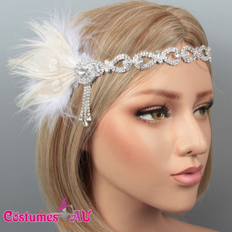 1920s Headband White Feather Bridal Great Gatsby 20s Gangster Flapper Headpiece