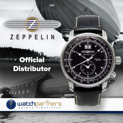 Pre-owned Zeppelin 100 Years Swiss Quartz Big Date Dual Time 50m Wr 42mm Black Dial 7640-2